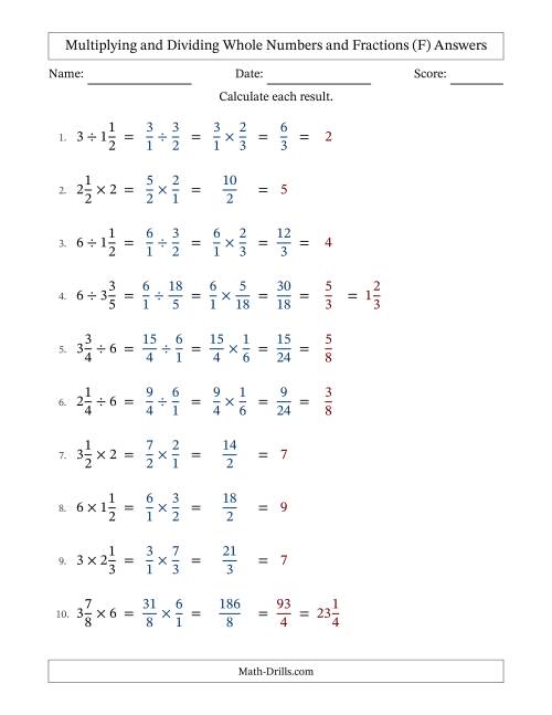 The Multiplying and Dividing Mixed Fractions and Whole Numbers with All Simplifying (F) Math Worksheet Page 2