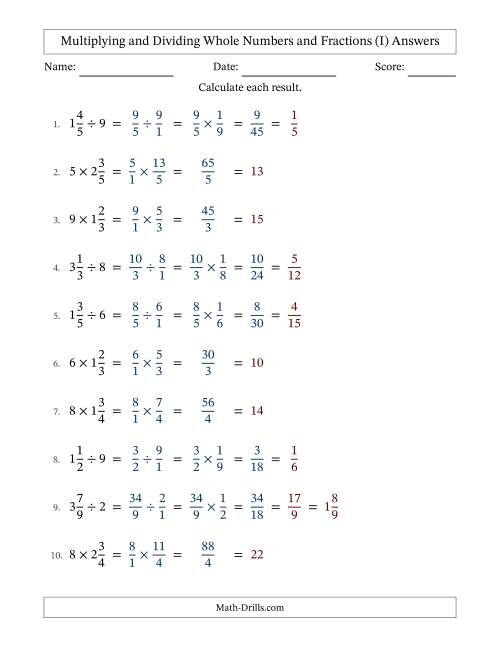 The Multiplying and Dividing Mixed Fractions and Whole Numbers with All Simplifying (I) Math Worksheet Page 2