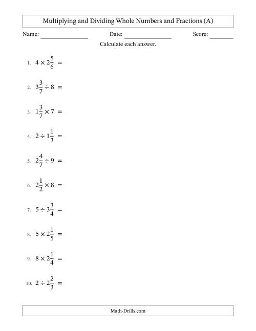 The Multiplying and Dividing Mixed Fractions and Whole Numbers with All Simplifying (All) Math Worksheet