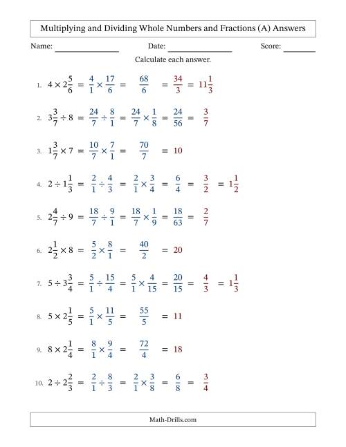 The Multiplying and Dividing Mixed Fractions and Whole Numbers with All Simplifying (All) Math Worksheet Page 2