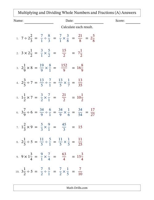 The Multiplying and Dividing Mixed Fractions and Whole Numbers with Some Simplifying (A) Math Worksheet Page 2