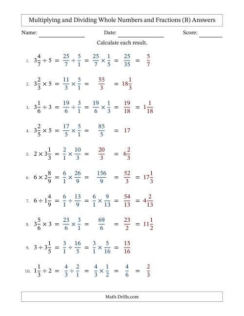 The Multiplying and Dividing Mixed Fractions and Whole Numbers with Some Simplifying (B) Math Worksheet Page 2