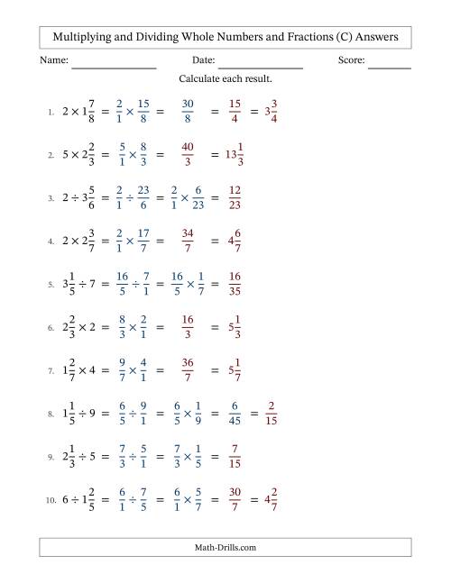 The Multiplying and Dividing Mixed Fractions and Whole Numbers with Some Simplifying (C) Math Worksheet Page 2