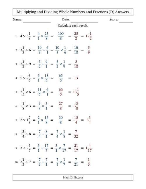 The Multiplying and Dividing Mixed Fractions and Whole Numbers with Some Simplifying (D) Math Worksheet Page 2