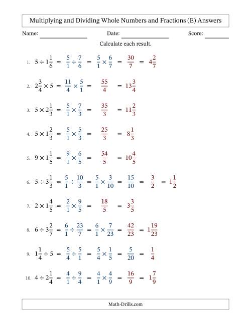 The Multiplying and Dividing Mixed Fractions and Whole Numbers with Some Simplifying (E) Math Worksheet Page 2