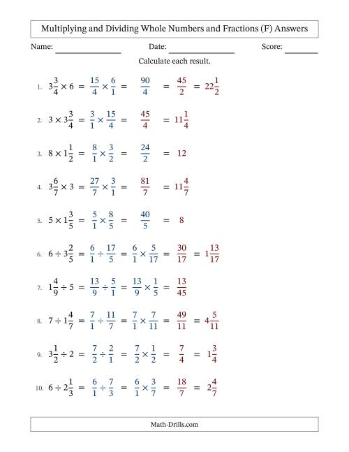 The Multiplying and Dividing Mixed Fractions and Whole Numbers with Some Simplifying (F) Math Worksheet Page 2