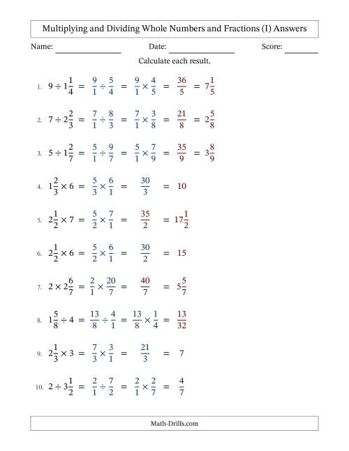 The Multiplying and Dividing Mixed Fractions and Whole Numbers with Some Simplifying (I) Math Worksheet Page 2