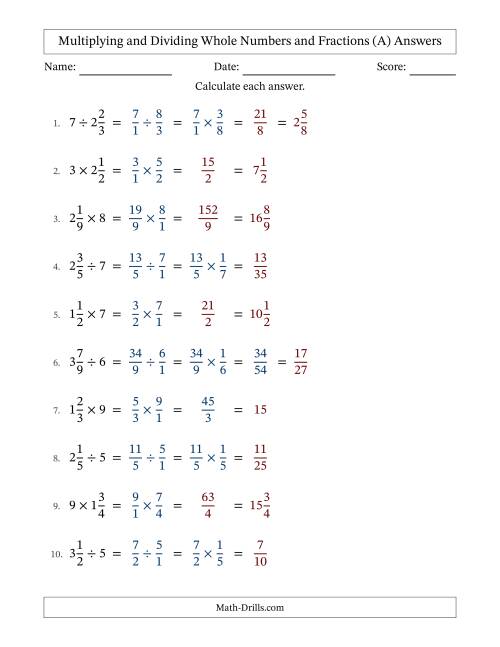 The Multiplying and Dividing Mixed Fractions and Whole Numbers with Some Simplifying (All) Math Worksheet Page 2