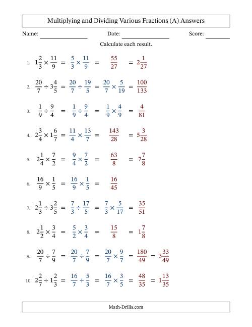 The Multiplying and Dividing Proper, Improper and Mixed Fractions with No Simplifying (A) Math Worksheet Page 2