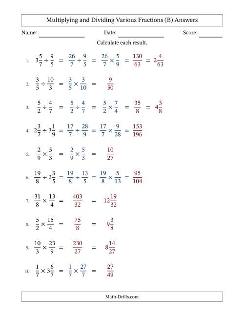 The Multiplying and Dividing Proper, Improper and Mixed Fractions with No Simplifying (B) Math Worksheet Page 2
