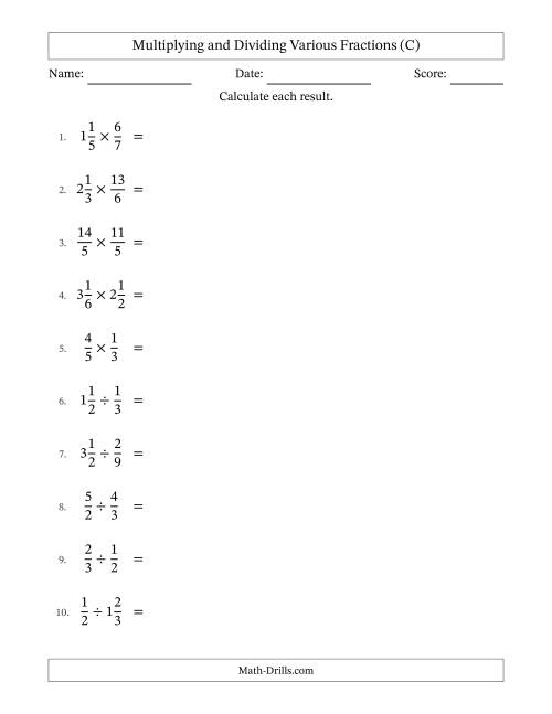 The Multiplying and Dividing Proper, Improper and Mixed Fractions with No Simplifying (C) Math Worksheet