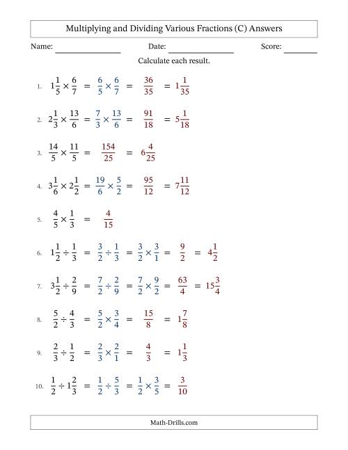 The Multiplying and Dividing Proper, Improper and Mixed Fractions with No Simplifying (C) Math Worksheet Page 2