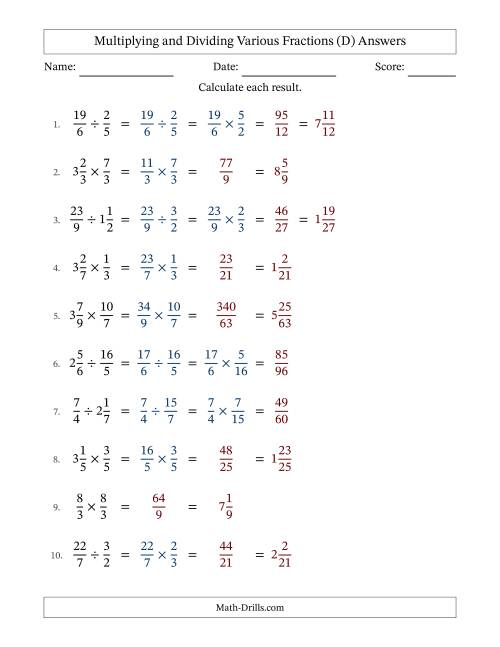 The Multiplying and Dividing Proper, Improper and Mixed Fractions with No Simplifying (D) Math Worksheet Page 2