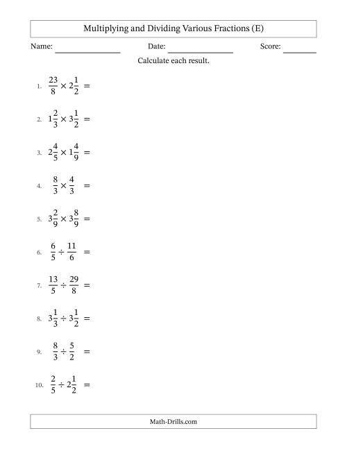 The Multiplying and Dividing Proper, Improper and Mixed Fractions with No Simplifying (E) Math Worksheet