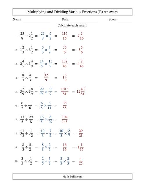The Multiplying and Dividing Proper, Improper and Mixed Fractions with No Simplifying (E) Math Worksheet Page 2