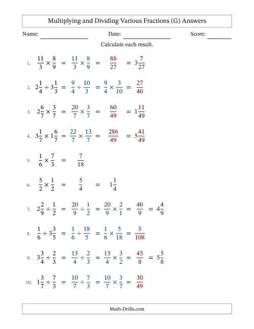 The Multiplying and Dividing Proper, Improper and Mixed Fractions with No Simplifying (G) Math Worksheet Page 2