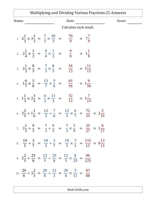 The Multiplying and Dividing Proper, Improper and Mixed Fractions with No Simplifying (I) Math Worksheet Page 2