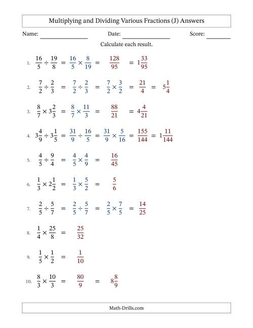The Multiplying and Dividing Proper, Improper and Mixed Fractions with No Simplifying (J) Math Worksheet Page 2