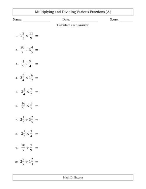 The Multiplying and Dividing Proper, Improper and Mixed Fractions with No Simplifying (All) Math Worksheet