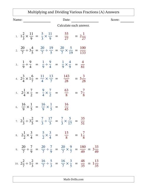 The Multiplying and Dividing Proper, Improper and Mixed Fractions with No Simplifying (All) Math Worksheet Page 2