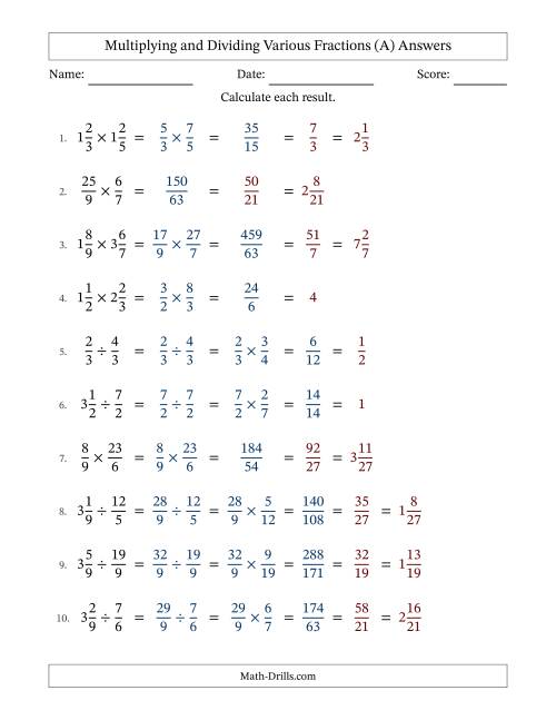The Multiplying and Dividing Proper, Improper and Mixed Fractions with All Simplifying (A) Math Worksheet Page 2