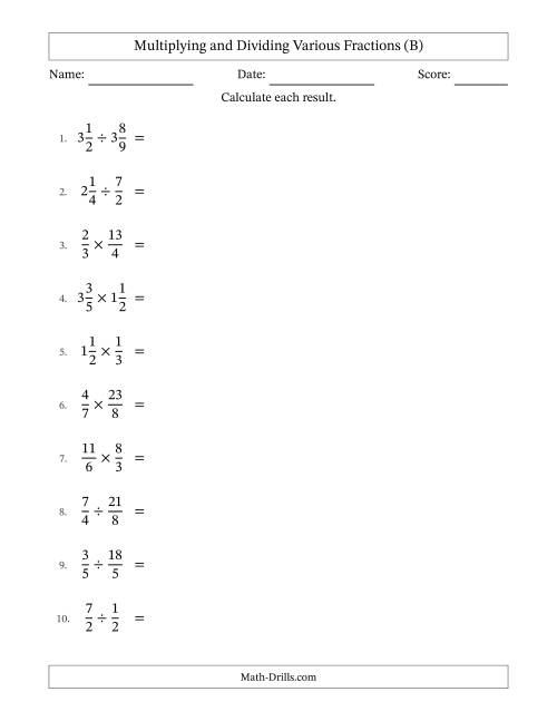 The Multiplying and Dividing Proper, Improper and Mixed Fractions with All Simplifying (B) Math Worksheet