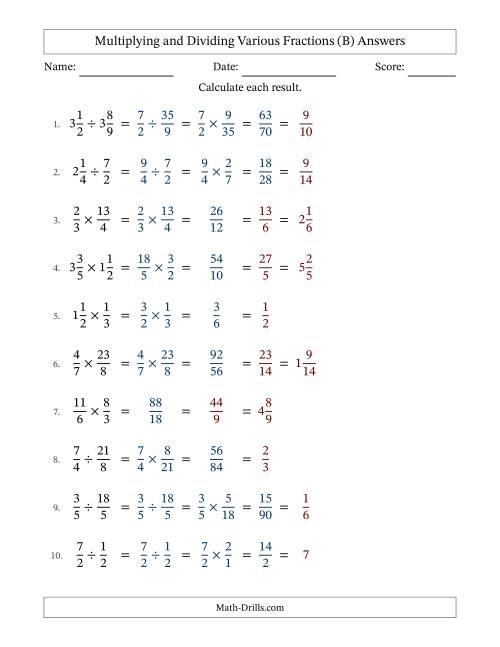 The Multiplying and Dividing Proper, Improper and Mixed Fractions with All Simplifying (B) Math Worksheet Page 2
