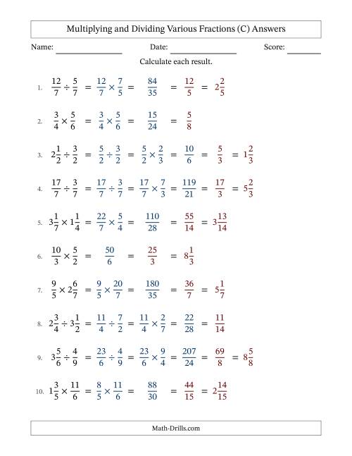 The Multiplying and Dividing Proper, Improper and Mixed Fractions with All Simplifying (C) Math Worksheet Page 2