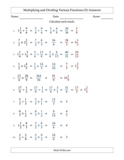 The Multiplying and Dividing Proper, Improper and Mixed Fractions with All Simplifying (D) Math Worksheet Page 2