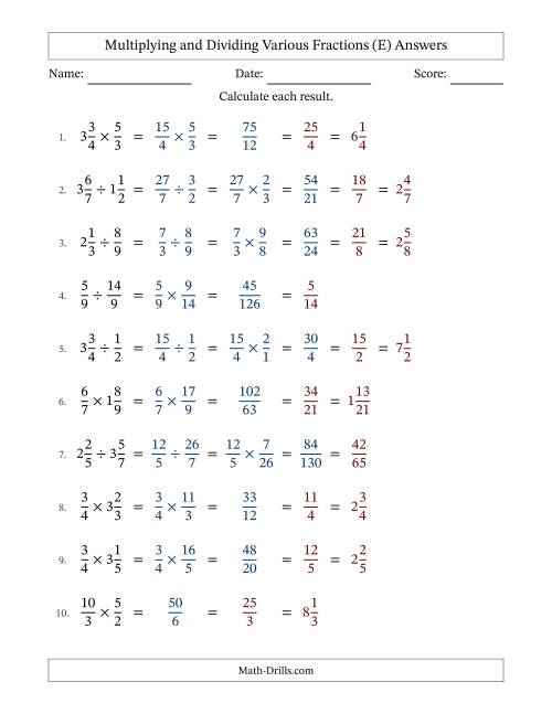 The Multiplying and Dividing Proper, Improper and Mixed Fractions with All Simplifying (E) Math Worksheet Page 2