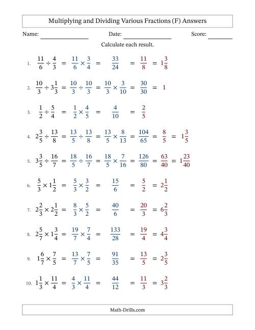 The Multiplying and Dividing Proper, Improper and Mixed Fractions with All Simplifying (F) Math Worksheet Page 2