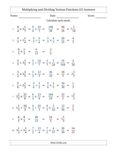 The Multiplying and Dividing Proper, Improper and Mixed Fractions with All Simplifying (G) Math Worksheet Page 2