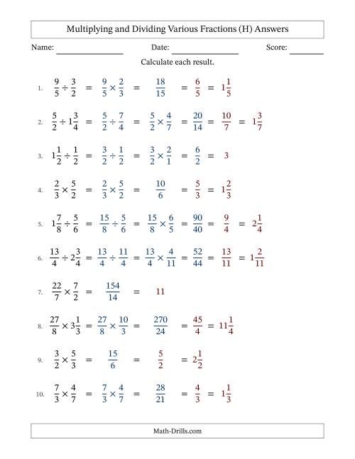 The Multiplying and Dividing Proper, Improper and Mixed Fractions with All Simplifying (H) Math Worksheet Page 2