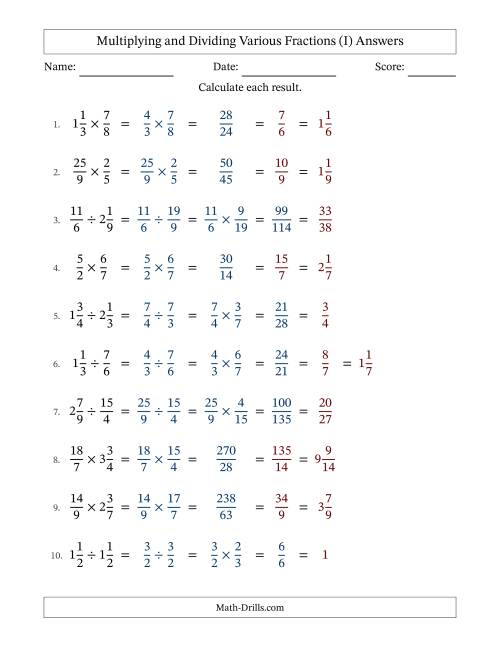 The Multiplying and Dividing Proper, Improper and Mixed Fractions with All Simplifying (I) Math Worksheet Page 2