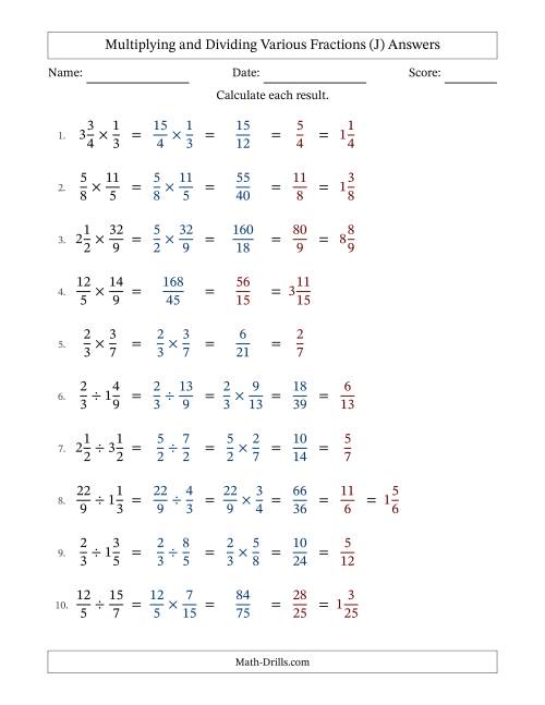 The Multiplying and Dividing Proper, Improper and Mixed Fractions with All Simplifying (J) Math Worksheet Page 2