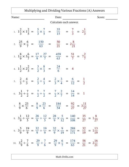 The Multiplying and Dividing Proper, Improper and Mixed Fractions with All Simplifying (All) Math Worksheet Page 2