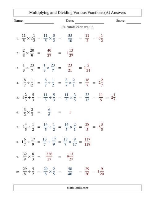 The Multiplying and Dividing Proper, Improper and Mixed Fractions with Some Simplifying (A) Math Worksheet Page 2