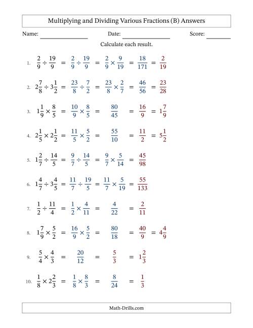 The Multiplying and Dividing Proper, Improper and Mixed Fractions with Some Simplifying (B) Math Worksheet Page 2