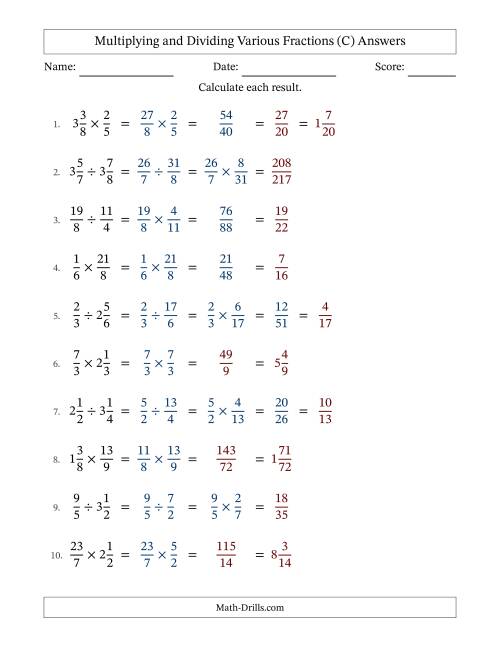 The Multiplying and Dividing Proper, Improper and Mixed Fractions with Some Simplifying (C) Math Worksheet Page 2