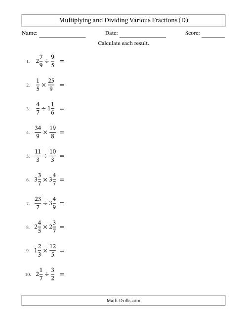 The Multiplying and Dividing Proper, Improper and Mixed Fractions with Some Simplifying (D) Math Worksheet