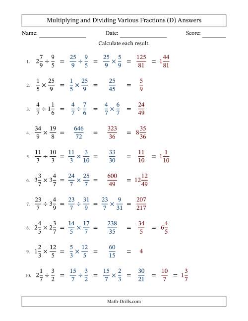 The Multiplying and Dividing Proper, Improper and Mixed Fractions with Some Simplifying (D) Math Worksheet Page 2