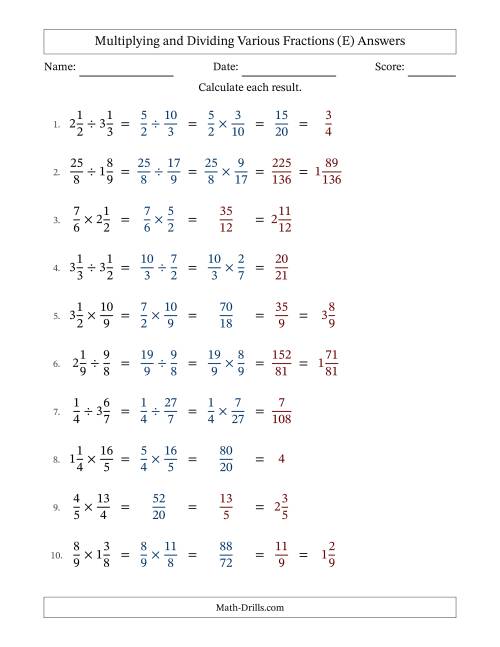 The Multiplying and Dividing Proper, Improper and Mixed Fractions with Some Simplifying (E) Math Worksheet Page 2