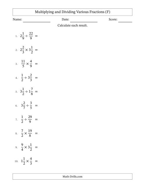 The Multiplying and Dividing Proper, Improper and Mixed Fractions with Some Simplifying (F) Math Worksheet