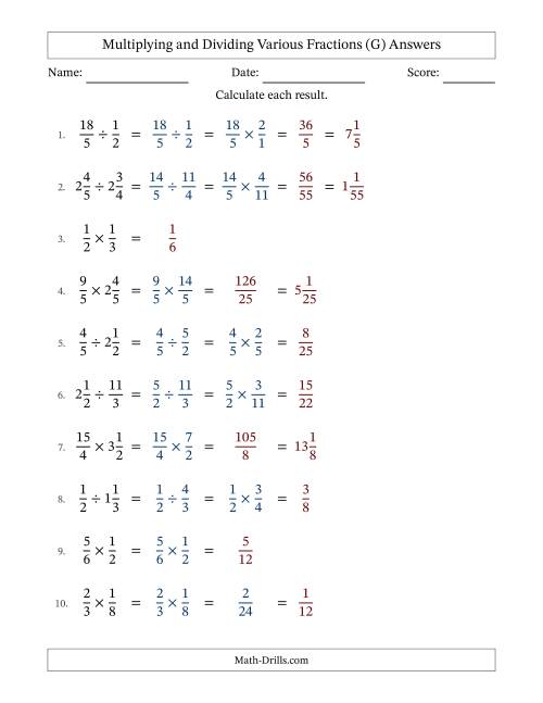 The Multiplying and Dividing Proper, Improper and Mixed Fractions with Some Simplifying (G) Math Worksheet Page 2