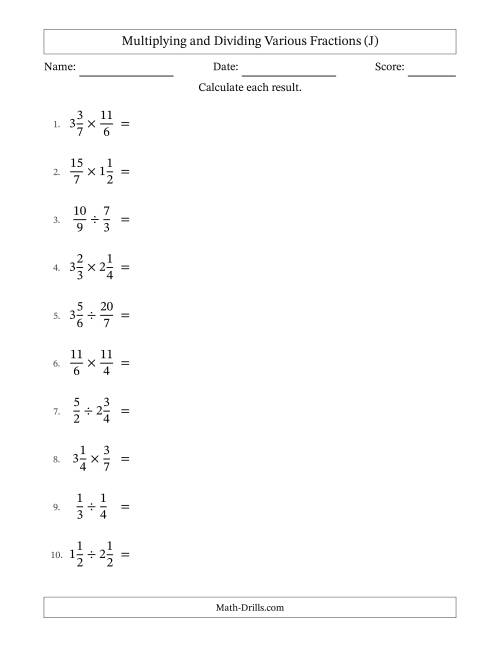 The Multiplying and Dividing Proper, Improper and Mixed Fractions with Some Simplifying (J) Math Worksheet