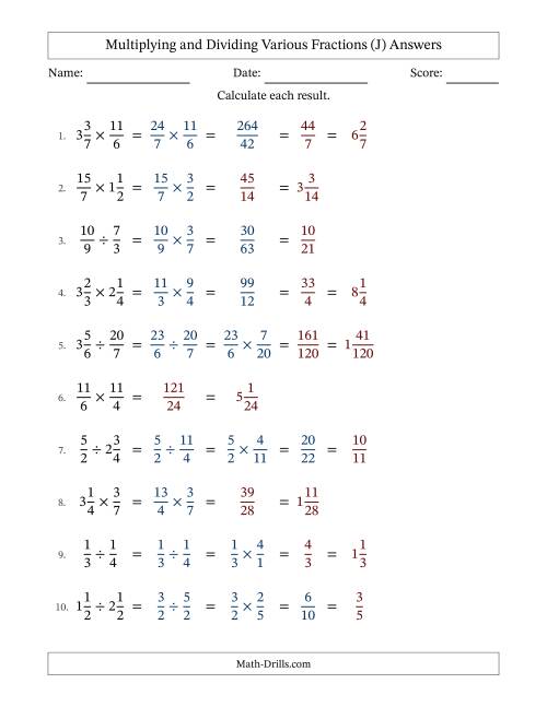 The Multiplying and Dividing Proper, Improper and Mixed Fractions with Some Simplifying (J) Math Worksheet Page 2