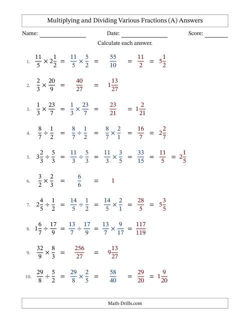The Multiplying and Dividing Proper, Improper and Mixed Fractions with Some Simplifying (All) Math Worksheet Page 2