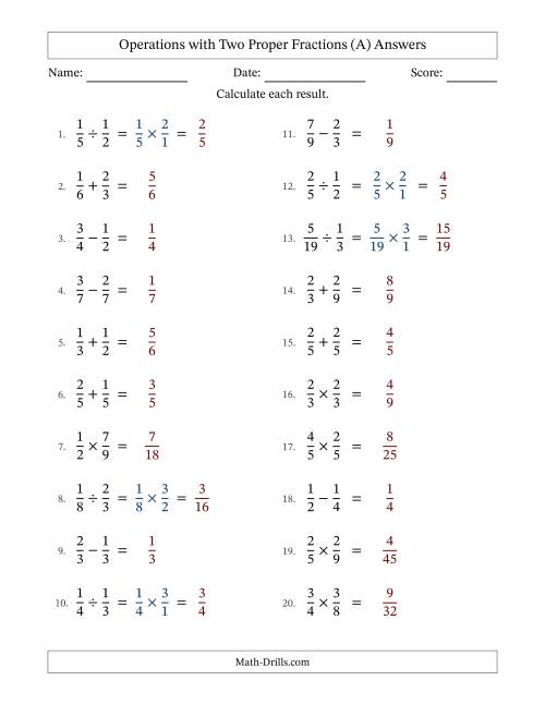 The Operations with Two Proper Fractions with Equal Denominators, Proper Fractions Results and No Simplifying (A) Math Worksheet Page 2