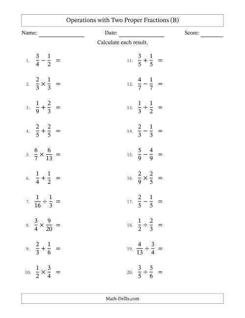 The Operations with Two Proper Fractions with Equal Denominators, Proper Fractions Results and No Simplifying (B) Math Worksheet