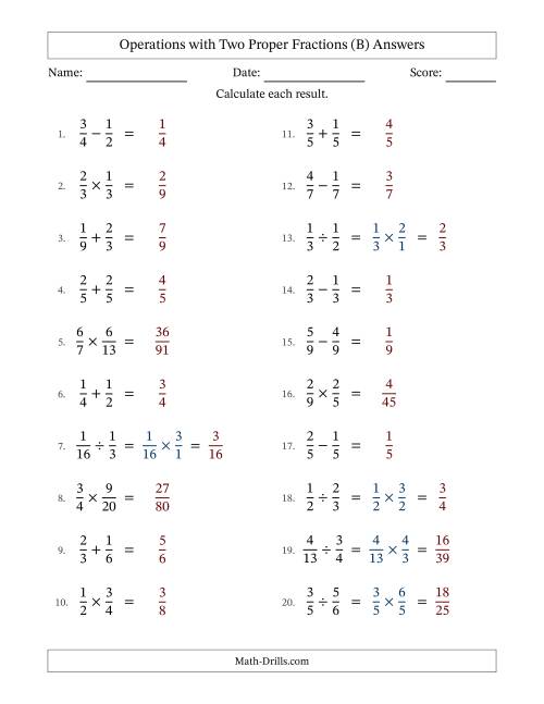 The Operations with Two Proper Fractions with Equal Denominators, Proper Fractions Results and No Simplifying (B) Math Worksheet Page 2